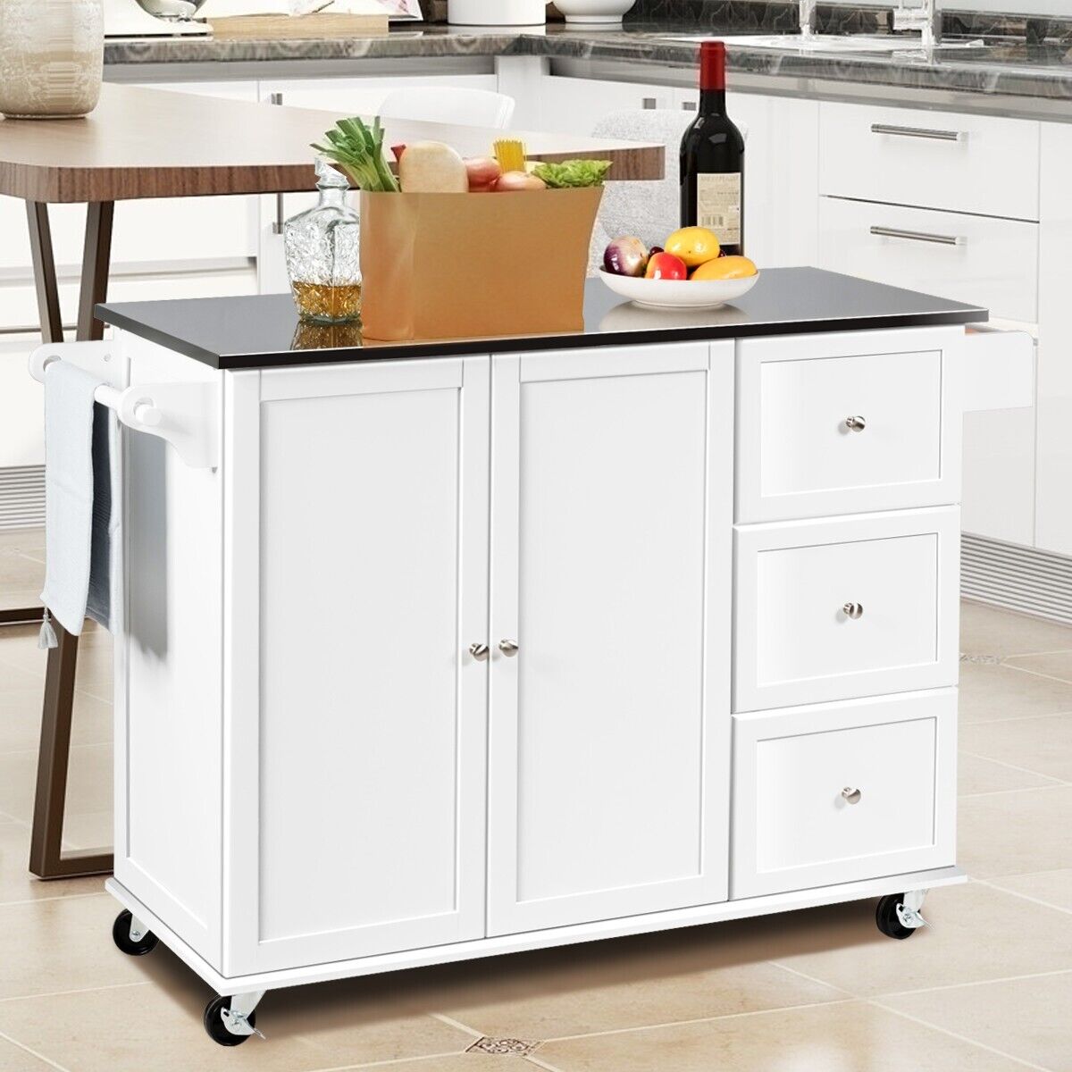 2-Doors Rolling Kitchen Island Cart with 3 Drawers-White